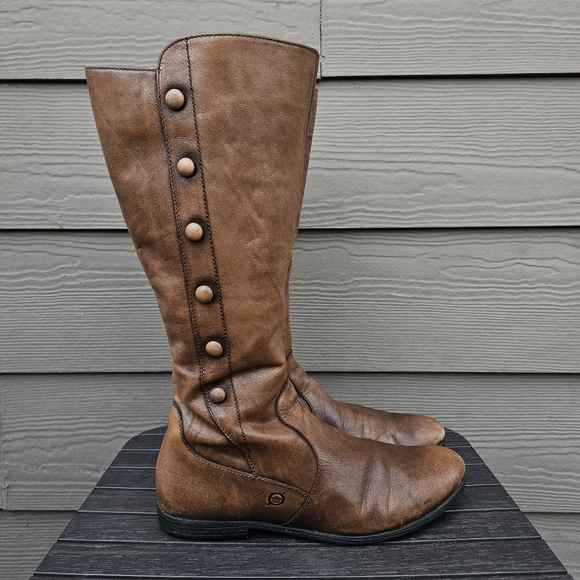 BORN 'Sage' Brown Leather Button Studded 14" Tall Riding Boots Womens 8.5 M - Picture 1 of 16